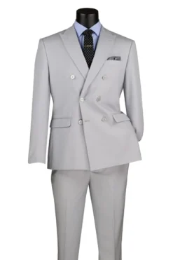 Silver Slim Fit Double Breasted 2 Piece Suit with Adjustable Waistband