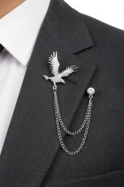 Silver American Eagle Rhinestone Diamonds Double Chain Brooch