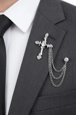Silver Cross Pendant Diamond Rhinestone Triple Chain Brooch