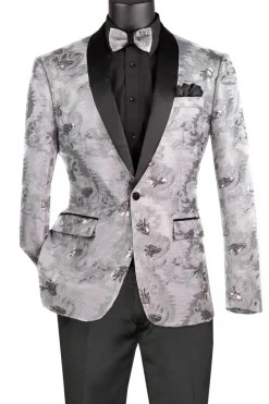 Silver Embroidery Slim Fit Jacket Shawl Lapel