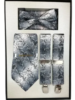 Silver Men's Accessory Box Bow Tie, Necktie, Pocket Square, Suspender 4 Piece Set