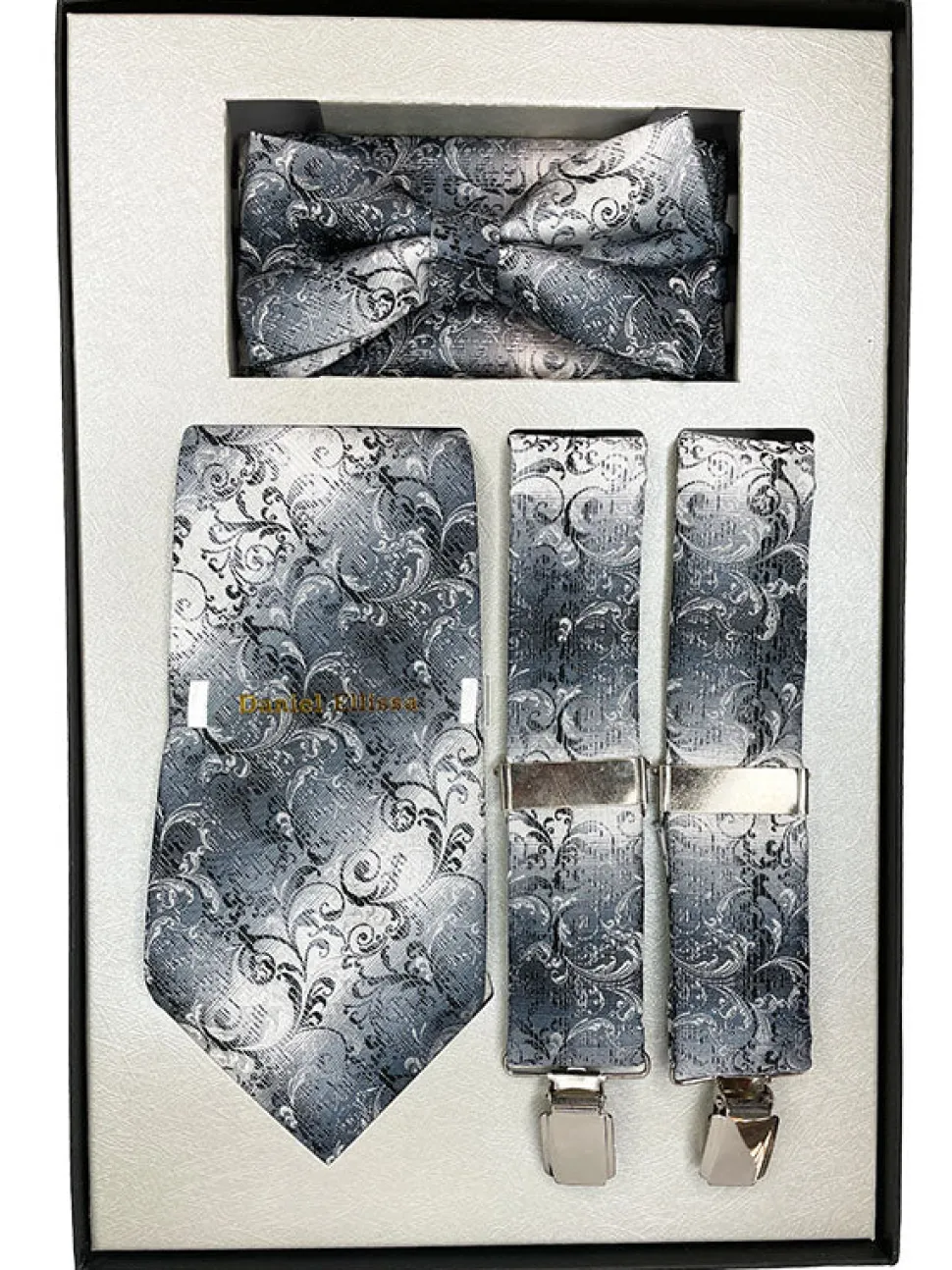 Silver Men's Accessory Box Bow Tie, Necktie, Pocket Square, Suspender 4 Piece Set