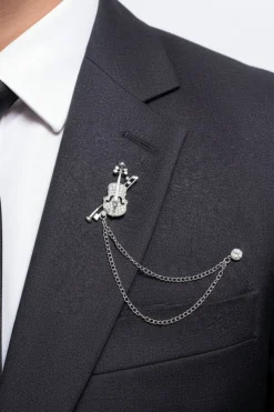 Silver Rhinestone Diamond Double Chain Violin Brooch