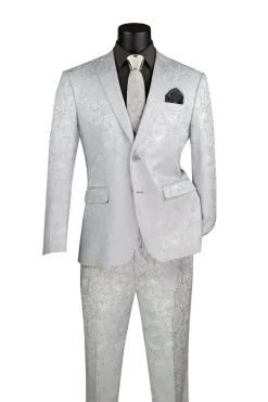 Silver Tone on Tone Paisley Pattern Slim Fit Men's 2 Piece Suit