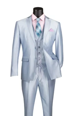Slim Fit 3 Piece Satin Suit in Ice Blue