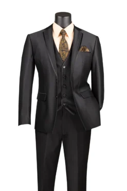 Slim Fit 3 Piece Satin Suit in Black