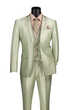 Slim Fit 3 Piece Satin Suit in Light Sage