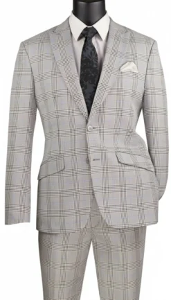 Slim Fit 2 Piece Suit Gray Glen Plaid Pattern Matching Pants