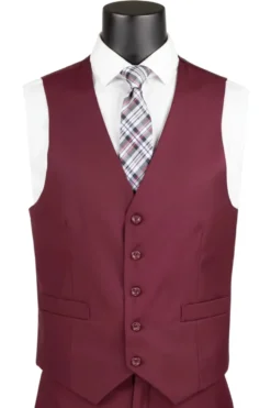 Slim Fit Business Men's Suit 3 Piece 2 Button in Burgundy