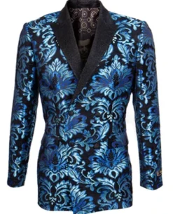 Slim Fit Turquoise Paisley Pattern Double Breasted Blazer