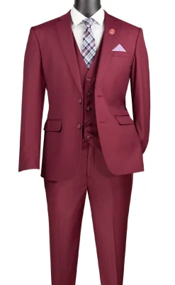 Slim Fit Business Men's Suit 3 Piece 2 Button in Burgundy