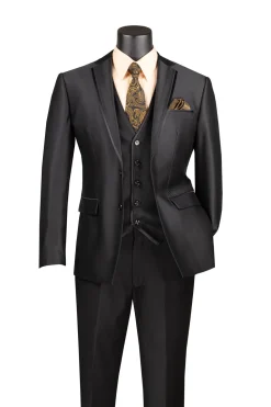 Slim Fit 3 Piece Satin Suit in Black