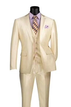 Slim Fit 3 Piece Satin Suit in Champagne Beige