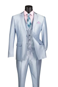 Slim Fit 3 Piece Satin Suit in Ice Blue