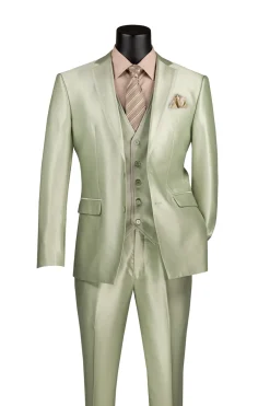 Slim Fit 3 Piece Satin Suit in Light Sage