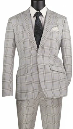 Slim Fit 2 Piece Suit Gray Glen Plaid Pattern Matching Pants