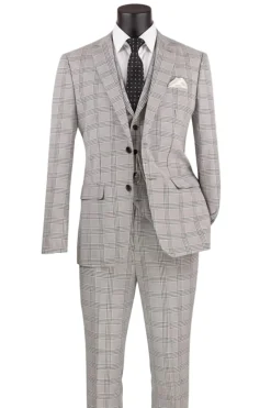 Slim Fit Suit Windowpane 3 Piece with Vest in Black/Gray