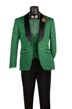 Slim Fit Tuxedo 3 Piece with Jacquard Pattern in Green