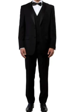 Solid Black Modern Fit Tuxedo 3 Piece with 6 Button Vest