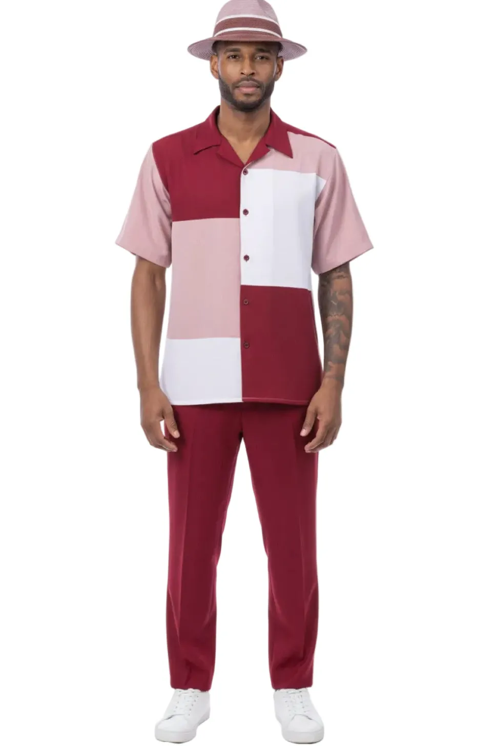 Solid Color Block Short Sleeve Walking Suit - Ruby