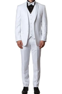 Solid White Modern Fit Tuxedo 3 Piece with 6 Button Vest