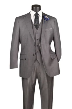 Sovana Collection - Regular Fit 3 Piece Suit 2 Button Tone on Tone Stripe in Gray