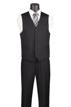 Sovana Collection - Regular Fit 3 Piece Suit 2 Button Tone on Tone Stripe in Black