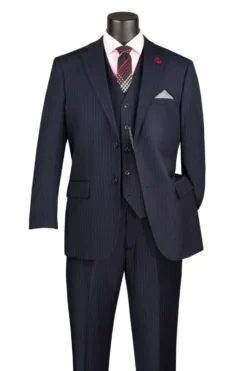 Sovana Collection - Regular Fit 3 Piece Suit 2 Button Tone on Tone Stripe in Navy