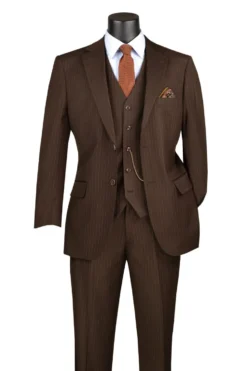 Sovana Collection - Regular Fit 3 Piece Suit 2 Button Tone on Tone Stripe in Brown