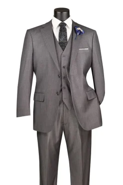 Sovana Collection - Regular Fit 3 Piece Suit 2 Button Tone on Tone Stripe in Gray