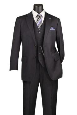 Sovana Collection - Regular Fit 3 Piece Suit 2 Button Tone on Tone Stripe in Black