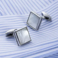 Square Silver White Pearl Cufflinks