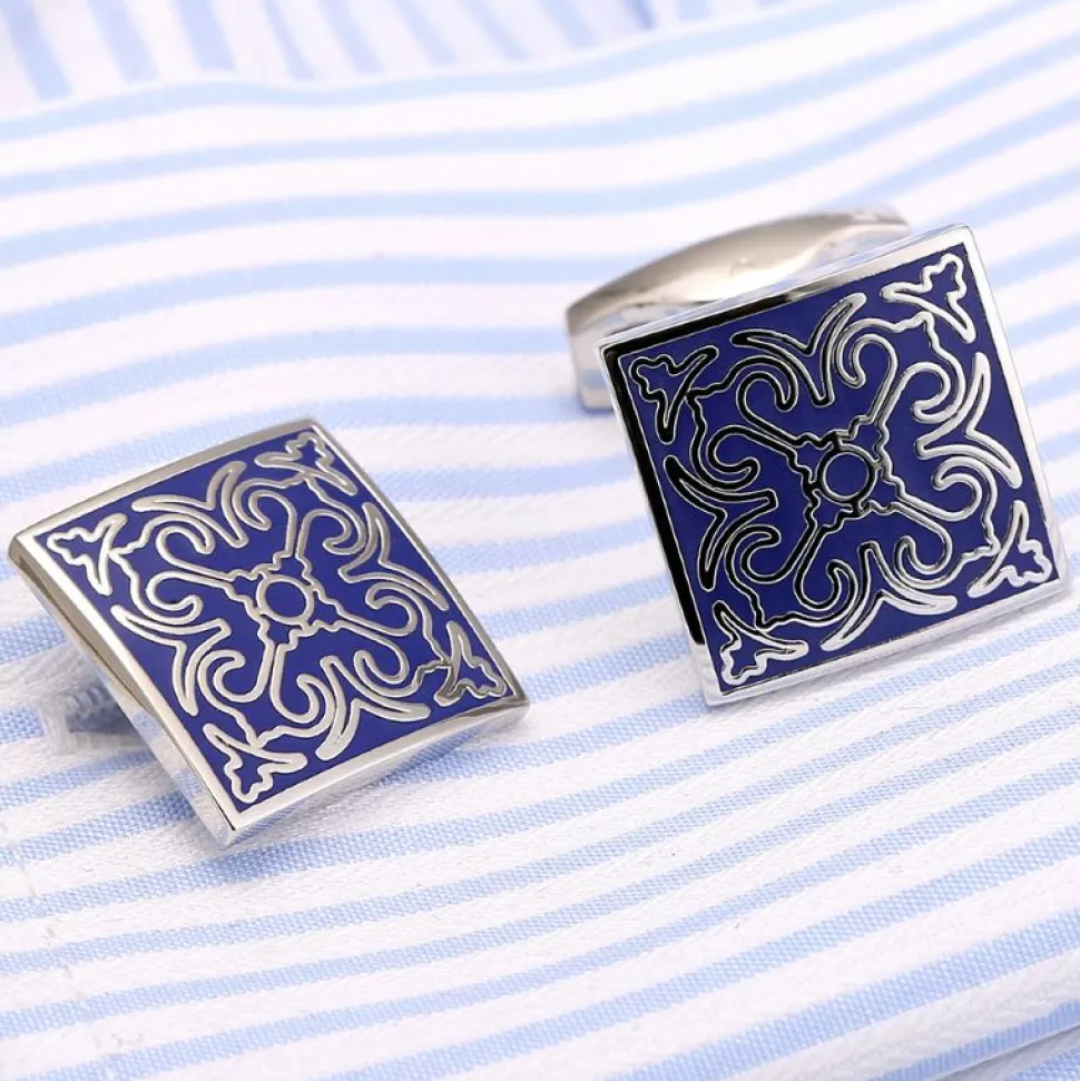 Square Vintage Blue Pattern Enamel Cufflinks
