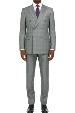 (38S, 52R, 58L, 60R) Gray Double Breasted 2 Piece Suit Regular Fit Glen Plaid