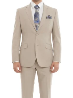 (36S, 38S) 100% Wool Suit Modern Fit Italian Style 2 Piece in Tan