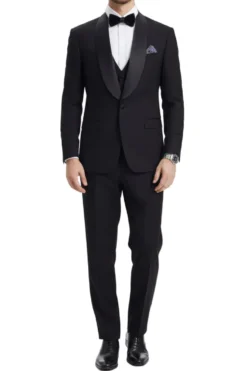 Stacy Adams - Black 3 Piece Hybrid Fit Tuxedo Satin Shawl Lapel