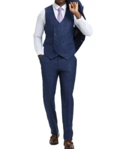 Stacy Adams - Blue 3 Piece 2 Button Plaid Peak Lapel Suit