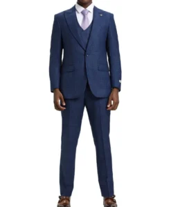 Stacy Adams - Blue 3 Piece 2 Button Plaid Peak Lapel Suit