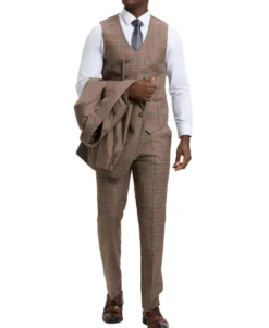 Stacy Adams - Brown 3 Piece 2 Button Plaid Peak Lapel Suit