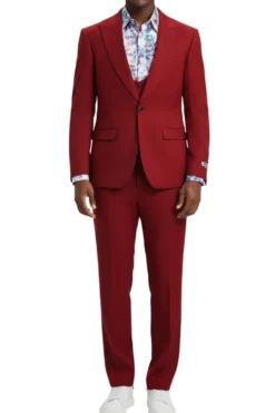 Stacy Adams - Cherry Red 3 Piece Hybrid Fit Suit With Expandable Waist Band