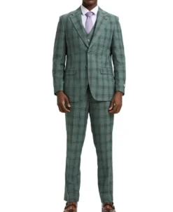Stacy Adams - Hybrid Fit Plaid 3 Piece Green Suit