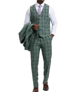 Stacy Adams - Hybrid Fit Plaid 3 Piece Green Suit