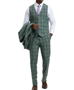 Stacy Adams - Hybrid Fit Plaid 3 Piece Green Suit