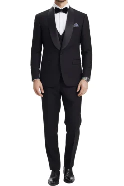 Stacy Adams - Black 3 Piece Hybrid Fit Tuxedo Satin Shawl Lapel