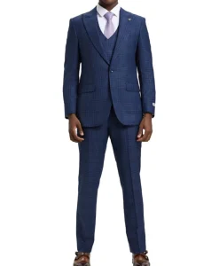 Stacy Adams - Blue 3 Piece 2 Button Plaid Peak Lapel Suit