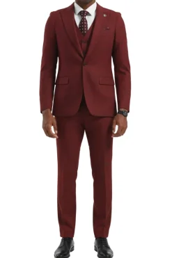 Stacy Adams - Burgundy Hybrid Fit Plaid 3 Piece Suit With Expandable Waist Band