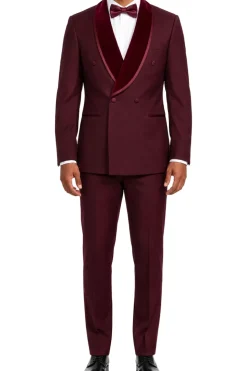 Stacy Adams - Burgundy 2-Piece Hybrid Fit Double Breasted Shawl Velvet Lapel Tuxedo