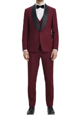 Stacy Adams - Burgundy 3 Piece Hybrid Fit Tuxedo Satin Shawl Lapel
