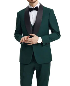 Stacy Adams - Green 3 Piece Hybrid Fit Tuxedo Satin Shawl Lapel