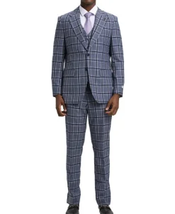 Stacy Adams - Hybrid Fit Plaid 3 Piece Grey Suit